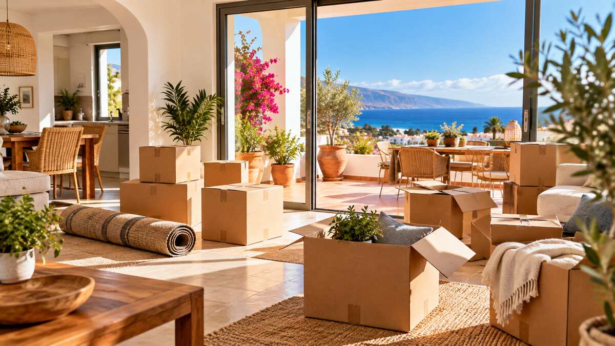 Umzug nach Spanien – helles Zuhause mit Umzugskartons und Meerblick